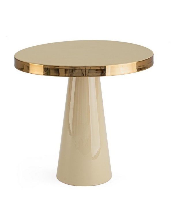 Măsuță de cafea Nandika, rotundă, din oțel emailat ivory, margine placată cu alamă, diametru 45.5 cm, înălțime 43 cm