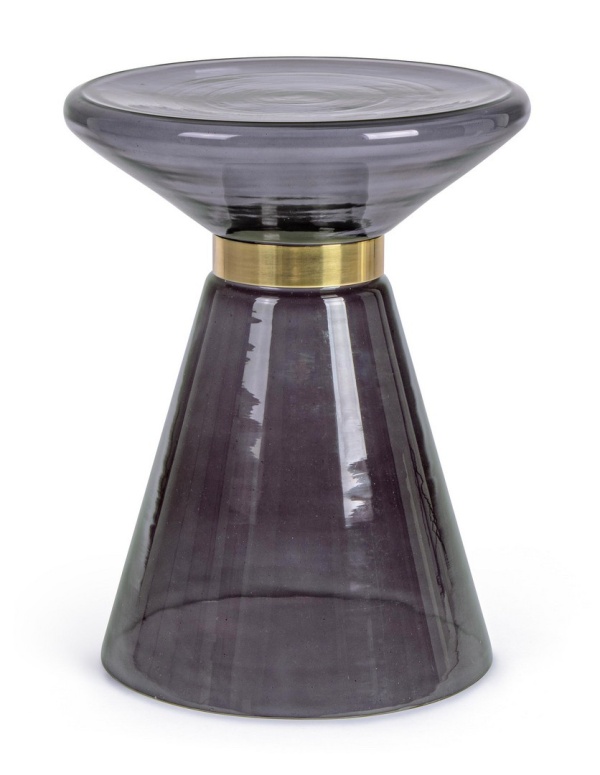 Măsuță de cafea rotundă, din sticlă gri cu inel decorativ auriu, diametru 36 cm