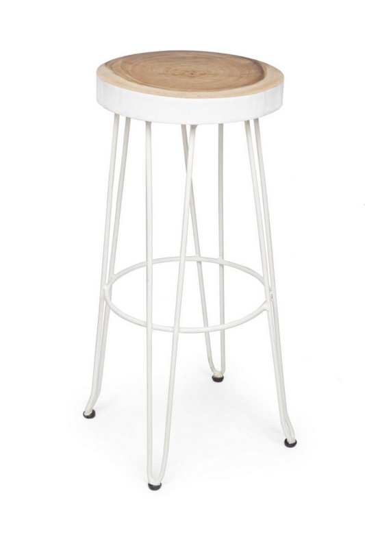 Scaun de bar, design nordic, din lemn masiv și oțel vopsit electrostatic, alb, înălțime 74 cm