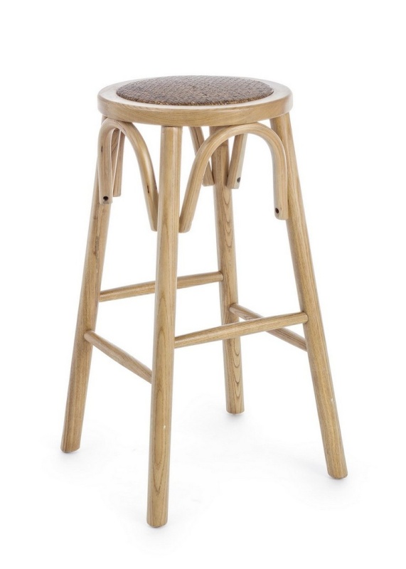Scaun de bar rotund, din lemn de ulm cu șezut din ratan natural, natur, diametru 40 cm, înălțime 73 cm