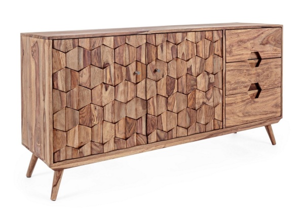 Servanta Kant, cu 2 uși și 3 sertare, din lemn de sheesham, finisaj natural, 145x40x77 cm