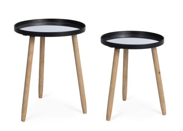 Set 2 măsuțe de cafea Edvard, cu blat tip oglindă și picioare din lemn de cauciuc, structură din oțel vopsit epoxidic, negru, diametre 35,5 cm și 40 cm