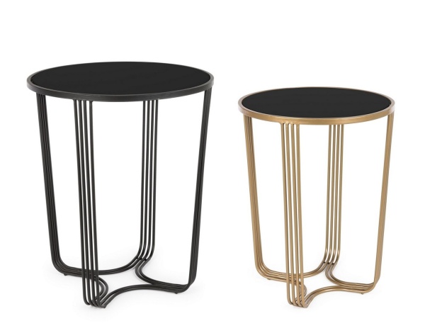 Set 2 măsuțe de cafea rotunde, cu blat din sticlă și cadru metalic, auriu/negru, diametru 42/50 cm