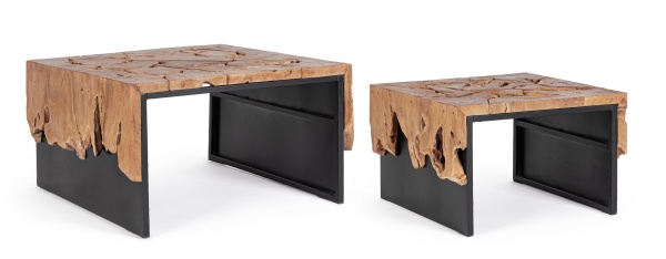 Set 2 măsuțe de cafea rotunde Grenada, top din rădăcină de tec și bază din oțel, diametre 60/80 cm, înălțimi 38/45 cm