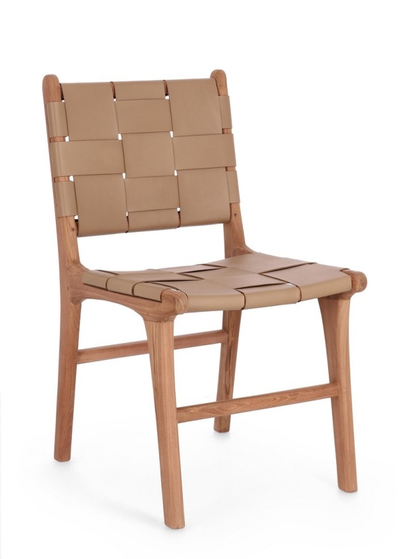 Set 2 scaune Joanna, din lemn de tec și piele naturală, taupe, 46 x 59 x 85 cm