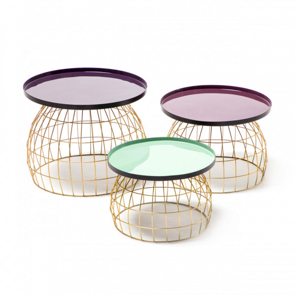 Set 3 masute de cafea rotunde din metal Laudatio 50x50x42 cm mov/lila/verde deschis