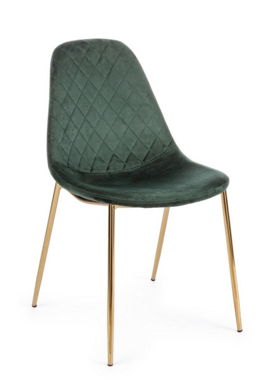 Set de 4 scaune tapițate, din catifea, cu picioare din oțel cromat auriu, verde închis