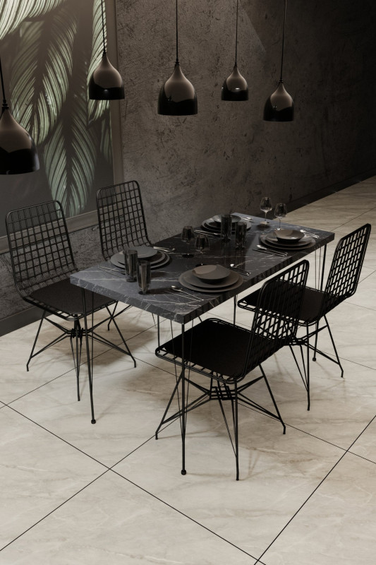 Set masa dreptunghiulara aspect marmura cu 4 scaune din cadru metalic si pernuta 120x60 cm