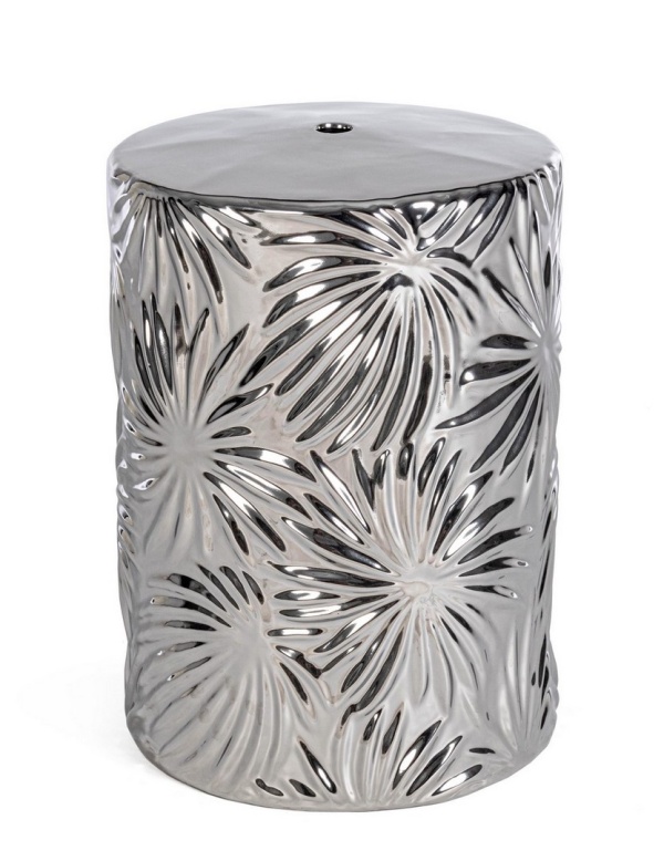 Taburet cilindric decorativ Sfinge, din ceramică, argintiu cu model frunze, 33x46 cm