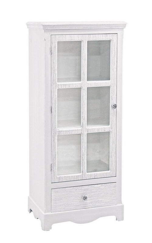 Vitrină Blanc, cu 1 ușă și 1 sertar, din MDF, finisaj alb mat cu efect albit, 48,5x32x114 cm