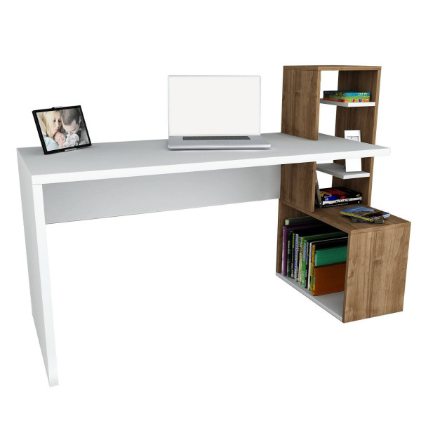 Birou cu rafturi din pal melaminat Side nuc si alb 120 cm