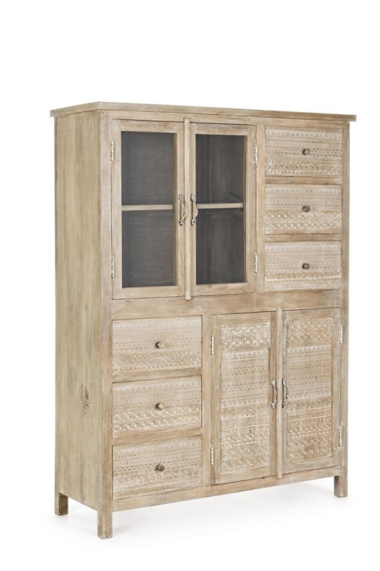 Bufet Mayra, cu 4 uși și 6 sertare, cu decorațiuni sculptate manual, din lemn de mango, 110x40x150 cm