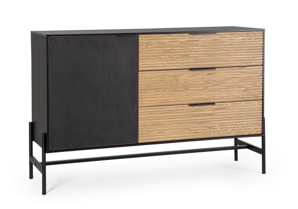 Comoda Allycia, 1 ușă, 3 sertare, lemn de frasin, negru și natur, 124 x 40 x 81.5 cm