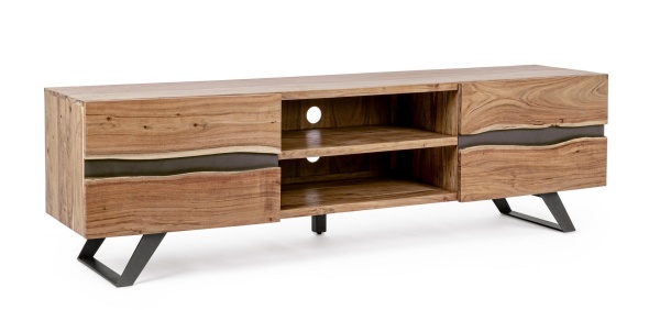 Comodă TV Aron, 190 cm, 2 uși cu inserții metalice, lemn de acacia și oțel, 190x43x56 cm