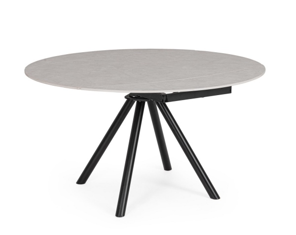 Masă rotundă extensibilă, 2-6 locuri, blat ceramică porțelanată efect marmură, bază din oțel, negru/gri deschis, diametru 87/135 cm