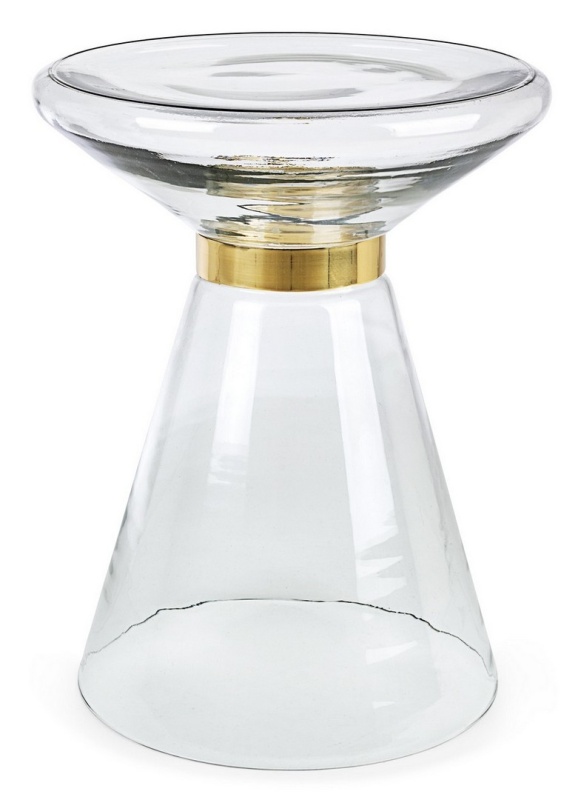 Măsuță de cafea Azmin, rotundă, din sticlă transparentă și oțel auriu, diametru 36 cm, 36x46 cm