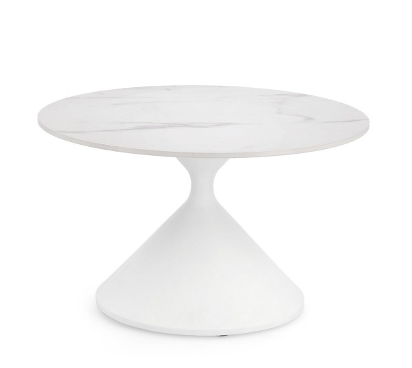 Măsuță de cafea Joona, rotundă, cu blat din gresie porțelanată efect marmură mată și bază din oțel, albă, diametru 70 cm