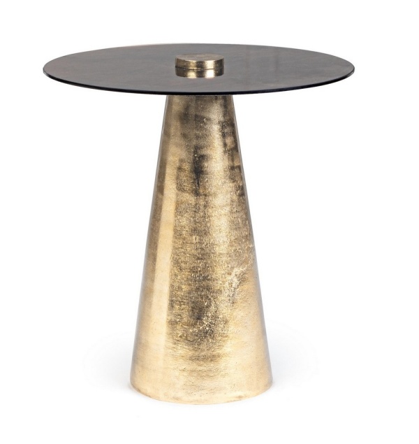 Măsuță de cafea rotundă, cu blat din sticlă și cadru din aluminiu finisaj alamă, diametru 45 cm