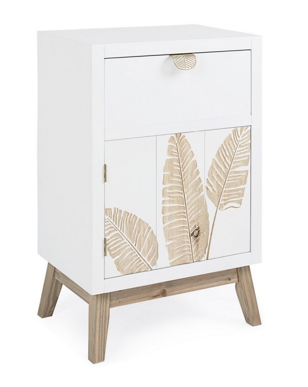 Noptiera Folium, 1 ușă și 1 sertar, din lemn de brad cu decor manual, 45x30x70 cm