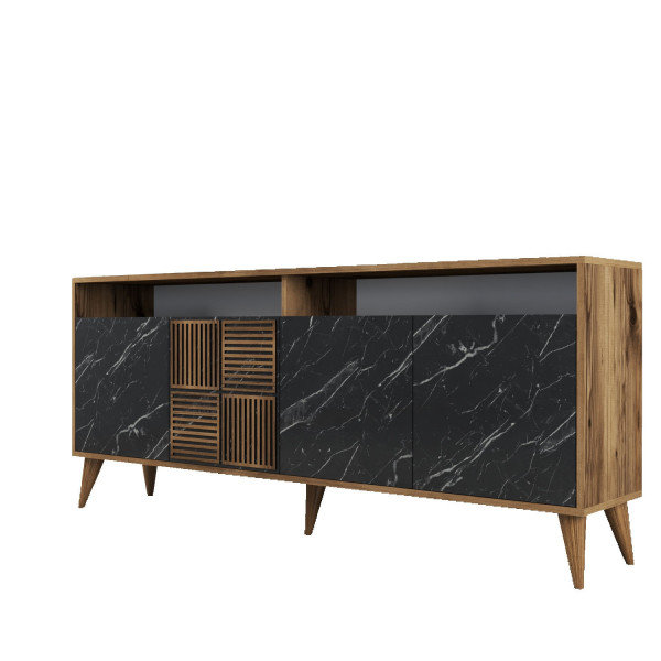 Servanta din pal melaminat Milano nuc si marmură Neagră 180x78,6x35 cm