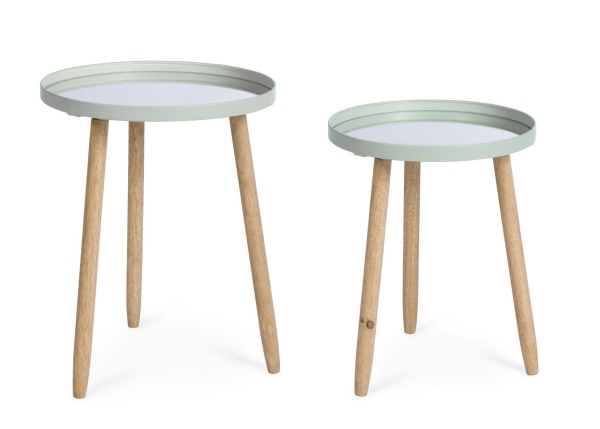 Set 2 măsuțe de cafea Edvard, cu blat tip oglindă și picioare din lemn de cauciuc, structură din oțel vopsit epoxidic, verde salvie, diametre 35,5 cm și 40 cm