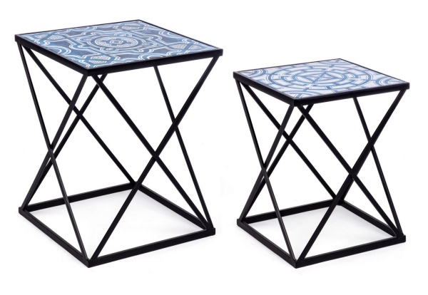 Set 2 măsuțe de cafea Neapolis, cu cadru metalic și blat imprimat, 36x36x47 cm și 42x42x55 cm