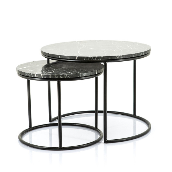 Set 2 masute de cafea rotunde din marmura si metal Romeo 60x60x41 cm negre