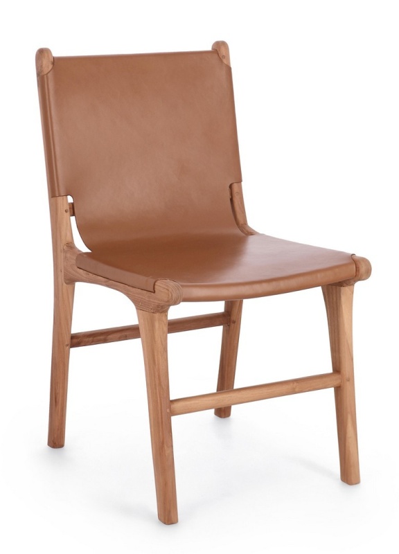 Set 2 scaune Eugenie, din lemn de tec și piele naturală, cognac, 46 x 59 x 85 cm