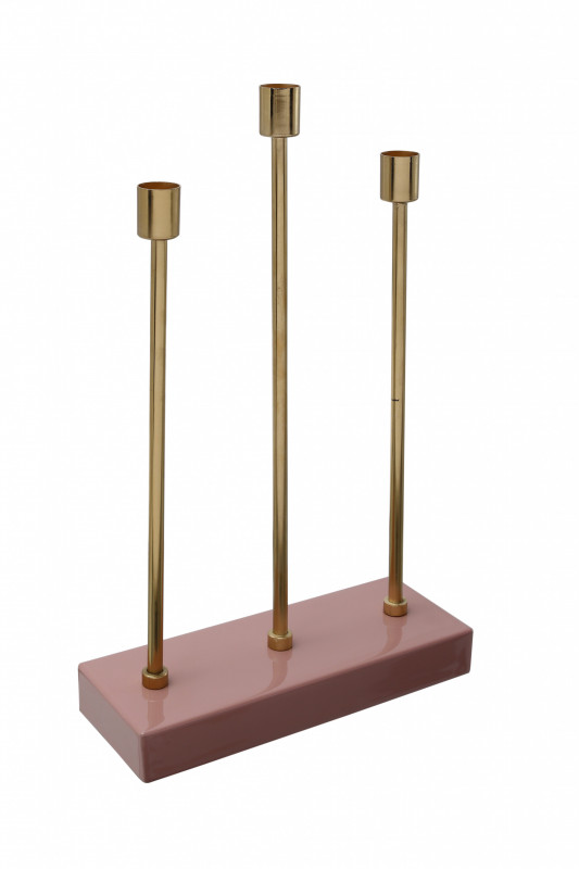 Suport lumanare din fier cu 3 brate Art Deco, roz / auriu