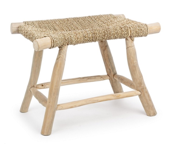 Taburet din ramuri de tec, finisaj natural, 60x38x45 cm