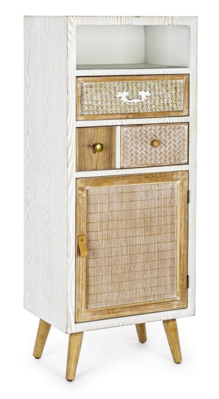 Cabinet Eloise, 1 ușă, 2 sertare, lemn cu inserții ratan și bambus, natural, 48x35x121 cm