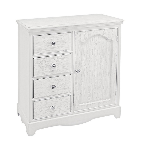 Comodă Blanc, cu 1 ușă și 4 sertare, din MDF, finisaj alb mat cu efect albit, 66 x 32,5 x 80 cm