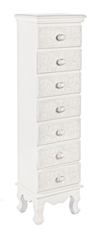 Comodă Clorine cu 7 sertare, cu motive florale încrustate, finisaj mat, 29x23x112.5 cm