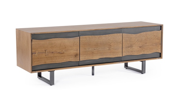 Comodă TV Garwood, cu 3 uși, din MDF furniruit cu stejar și oțel, 160x42x55 cm