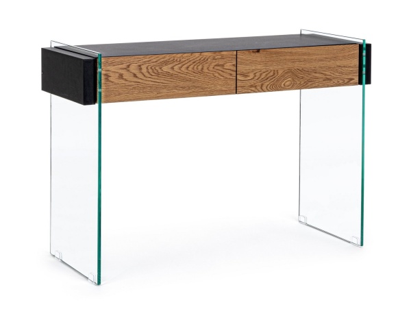 Consolă Line, cu 2 uși, din MDF cu efect de lemn negru și laterale din sticlă, 110x40x75 cm