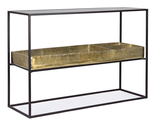 Consolă Mavila cu depozitare, cadru metalic, blat din sticlă și finisaj antichizat, 117x40x85 cm