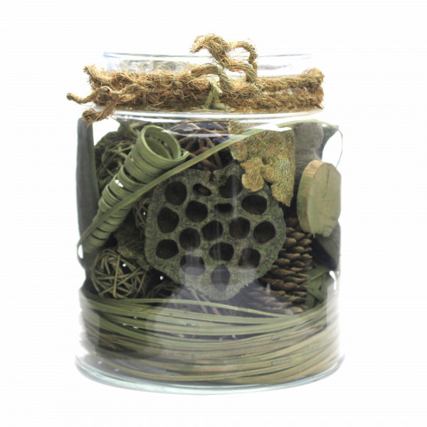 Decoratiune din sticla Flora cu materiale naturale uscate, verde