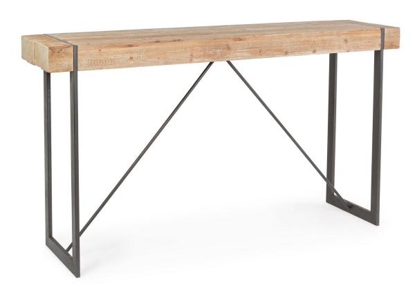Masă de bar Garrett, 4 locuri, fixă, cadru din oțel și blat din lemn de brad, 200x50x110 cm