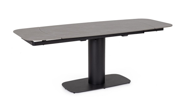 Masă dining Jeremias, extensibilă pentru 6-8 persoane, blat din gresie porțelanată cu efect de marmură gri mată, bază din oțel, 140-200x80x75 cm