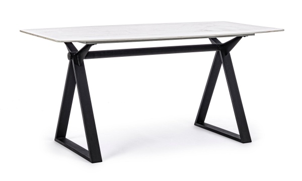 Masă dining Paloma, 6 persoane, blat sticlă securizată efect marmură, picioare metalice, 160x90 cm