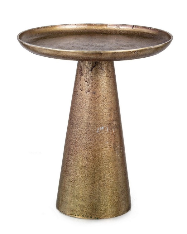 Măsuță de cafea Kulvir, rotundă, din aluminiu cu finisaj alamă, diametru 39 cm, înălțime 46 cm