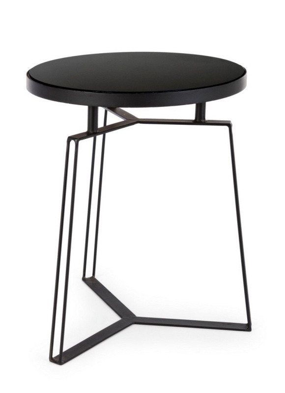 Măsuță de cafea Zaira, rotundă, cu blat din sticlă și cadru metalic, neagră, diametru 40 cm, înălțime 50 cm