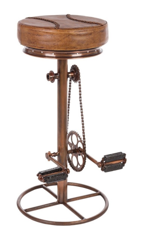 Scaun de bar cu șezut din piele naturală și structură din oțel, finisaj cupru, diametru 42 cm, înălțime 80 cm