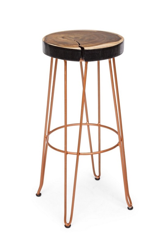 Scaun de bar, design nordic, din lemn masiv și oțel vopsit electrostatic, cupru, înălțime 74 cm
