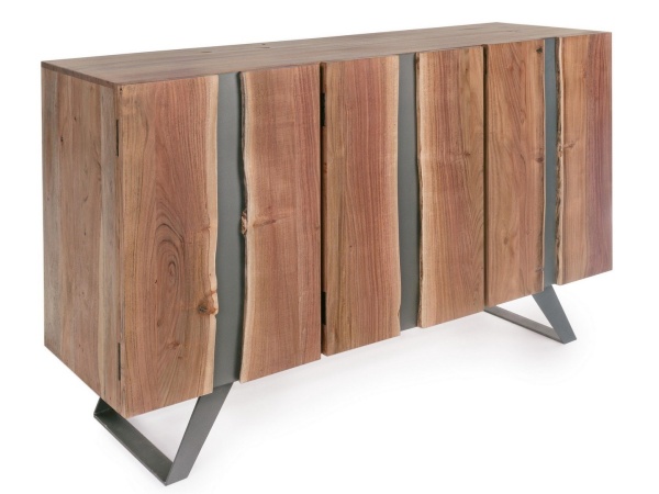 Servanta Aron cu 3 uși, lemn de salcâm cu inserții metalice și picioare din oțel, 145x45x90 cm