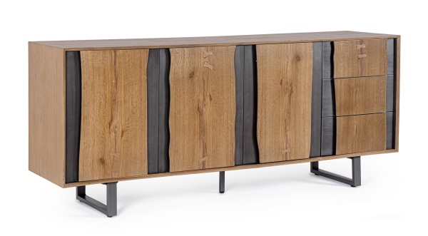 Servanta Garwood, 3 uși și 3 sertare, din MDF furniruit cu stejar, finisaj natural, picioare din oțel, 180x42x75 cm