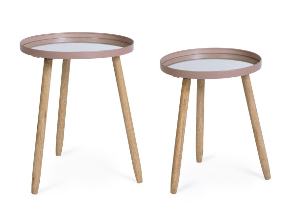 Set 2 măsuțe de cafea Edvard, cu blat tip oglindă și picioare din lemn de cauciuc, structură din oțel vopsit epoxidic, mov, diametre 35,5 cm și 40 cm