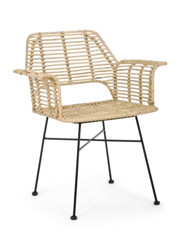 Set de 2 scaune cu brațe, din împletitură Kubu și oțel, finisaj natural, 66x58.5x83 cm