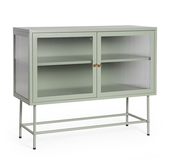Vitrina Carey, 2 uși, din oțel, verde salvie, 110x43x90 cm