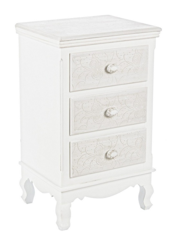 Comodă Clorine cu 3 sertare, cu motive florale încrustate, finisaj mat, 41x33.5x68.5 cm